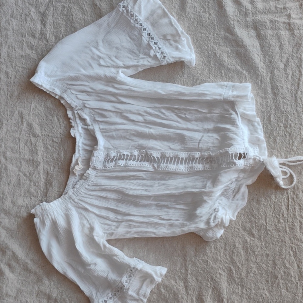 L.A. Hearts White Off-shoulder Peasant Blouse Drawstring Waist Lace Details L